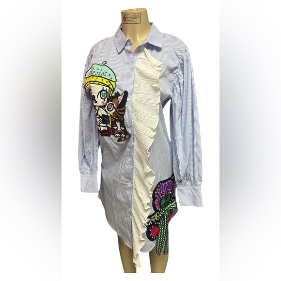 Striped Shirt with Cartoon Patch and Ruffle - Picture 1 of 2